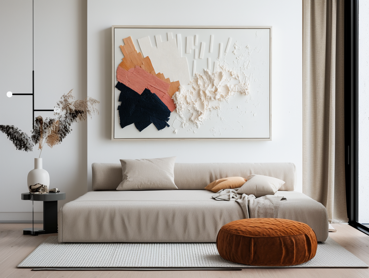 Modern geometric textured abstract painting with layered ivory, terracotta, and navy tones