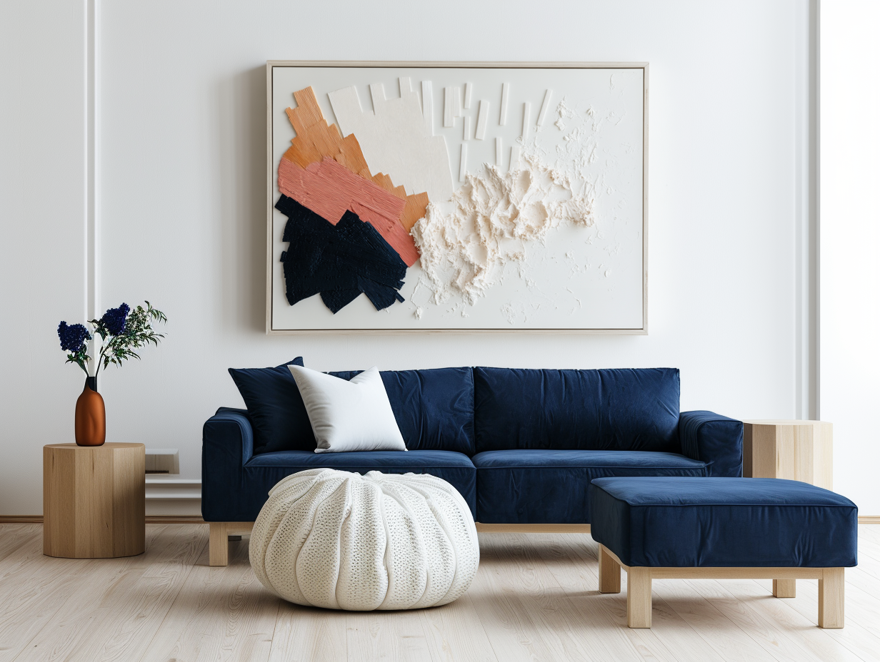 Modern geometric textured abstract painting with layered ivory, terracotta, and navy tones