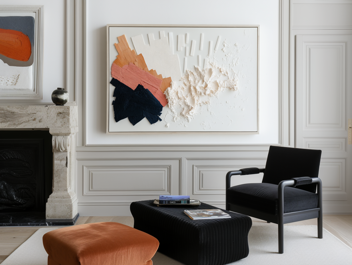 Modern geometric textured abstract painting with layered ivory, terracotta, and navy tones