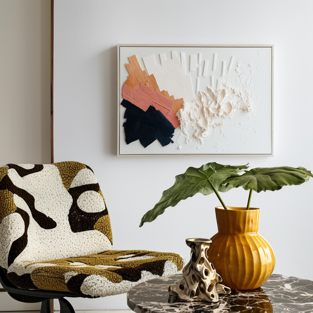Modern geometric textured abstract painting with layered ivory, terracotta, and navy tones