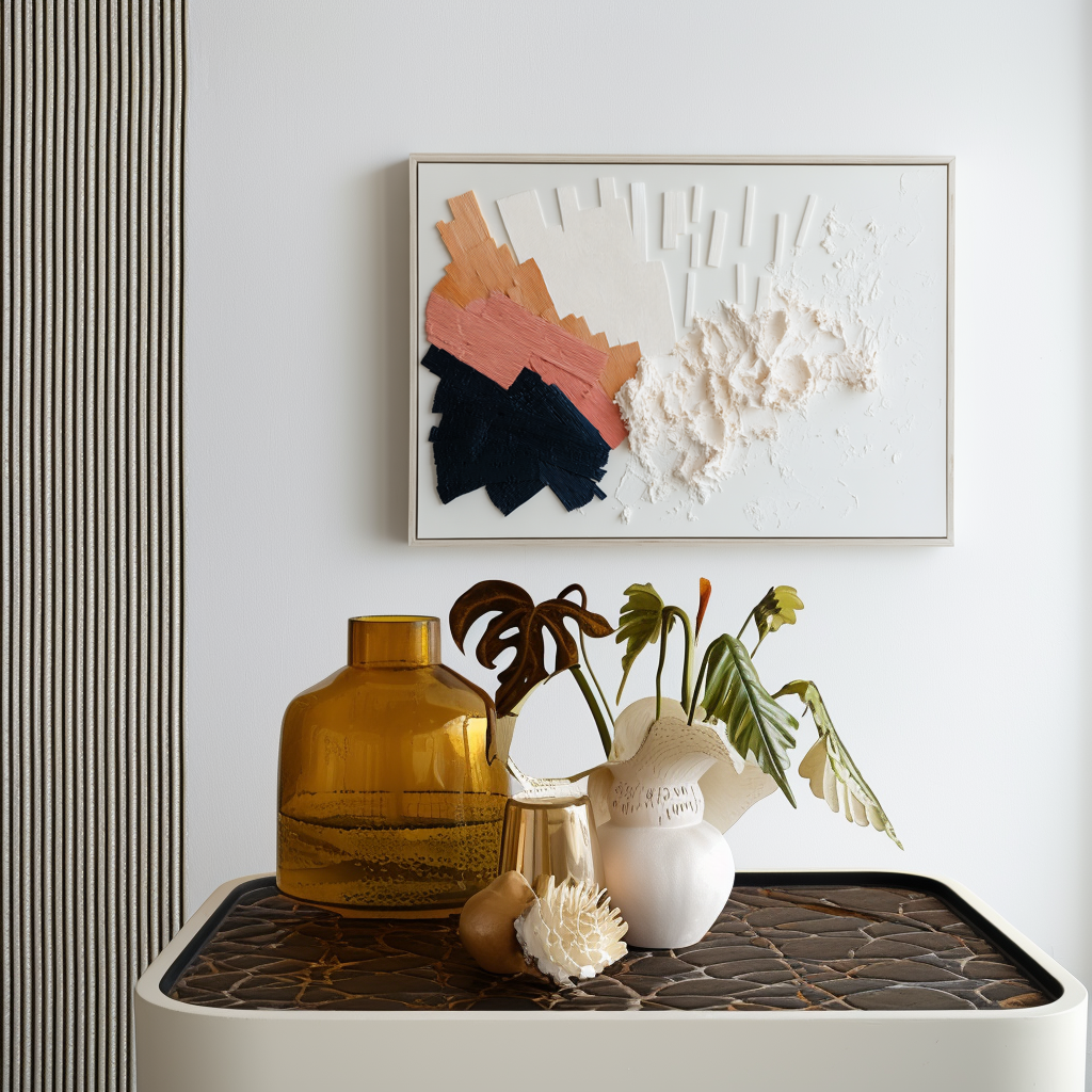 Modern geometric textured abstract painting with layered ivory, terracotta, and navy tones