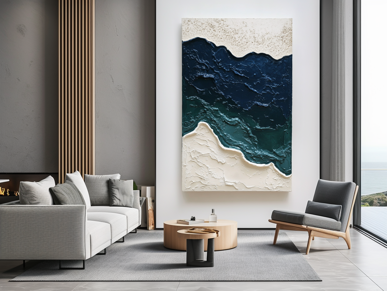 Textured abstract ocean painting with blue waves and beige sandy texture