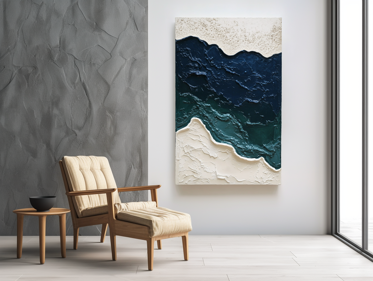 Textured abstract ocean painting with blue waves and beige sandy texture
