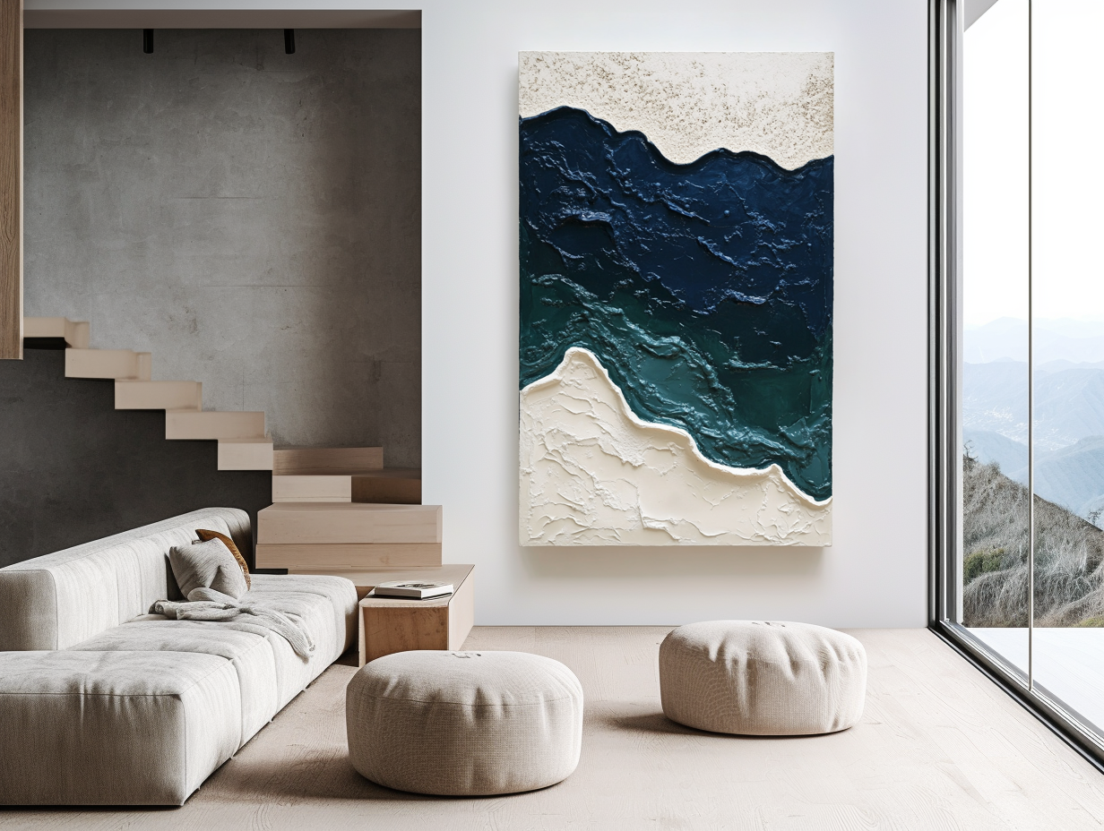Textured abstract ocean painting with blue waves and beige sandy texture