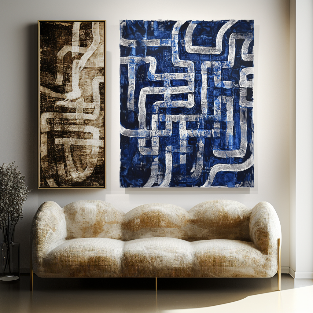 Abstract blue and white textured oil painting with maze-like geometric lines