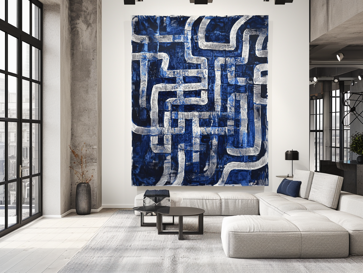 Abstract blue and white textured oil painting with maze-like geometric lines