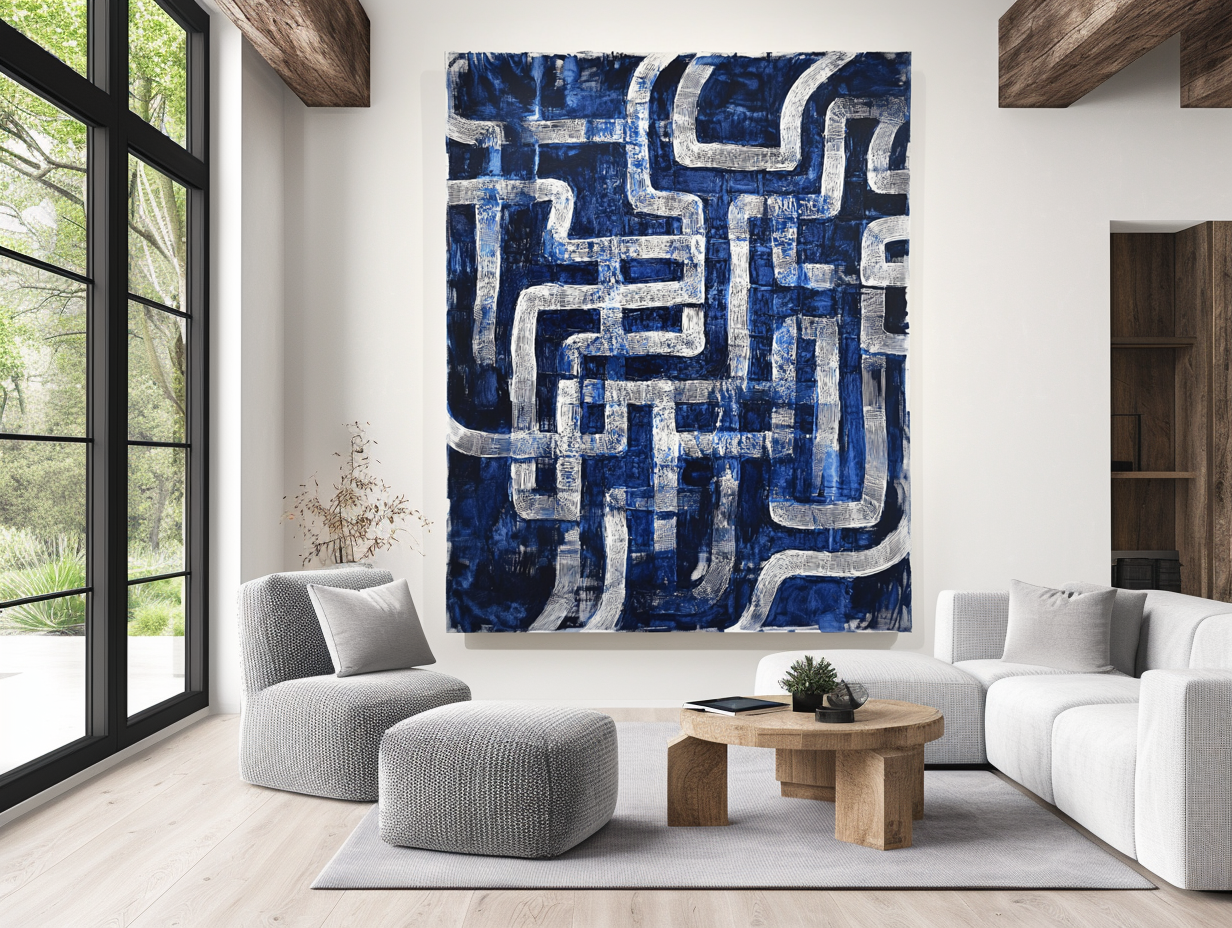 Abstract blue and white textured oil painting with maze-like geometric lines