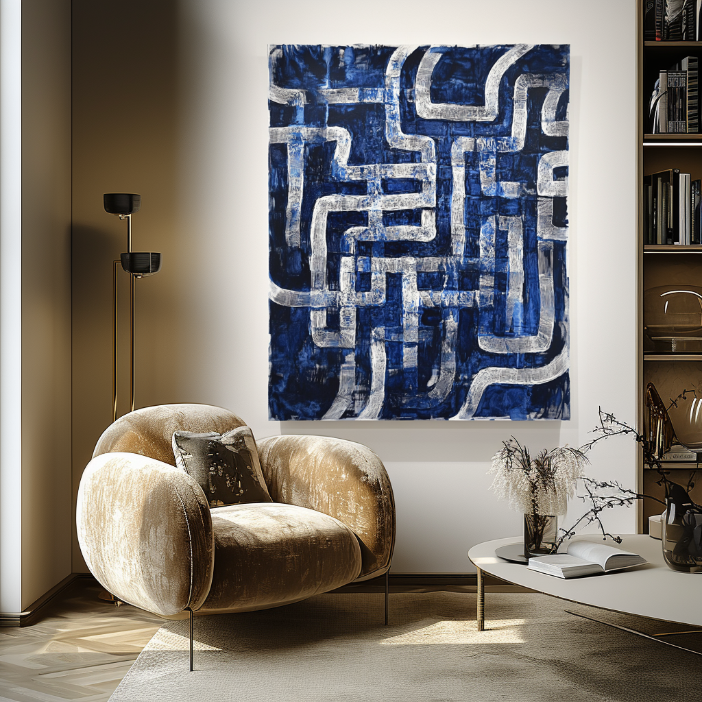 Abstract blue and white textured oil painting with maze-like geometric lines