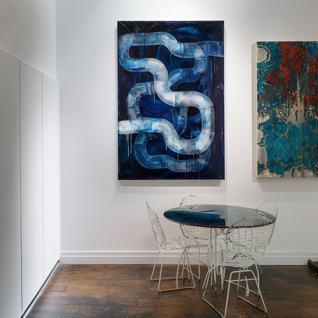 Abstract blue and white textured oil painting with flowing curved lines