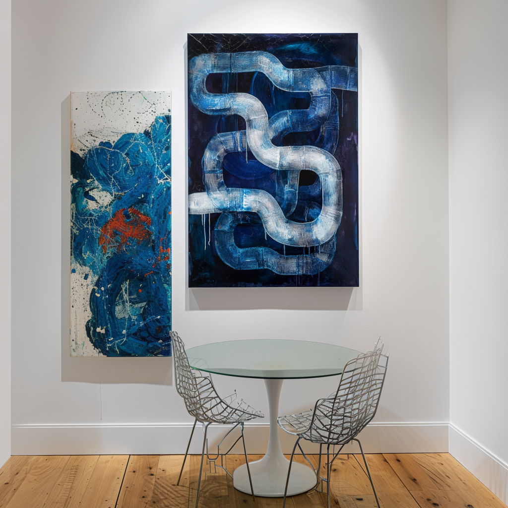 Abstract blue and white textured oil painting with flowing curved lines