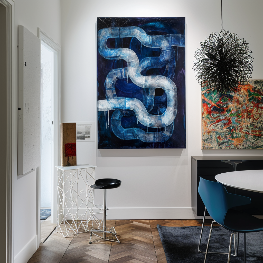 Abstract blue and white textured oil painting with flowing curved lines