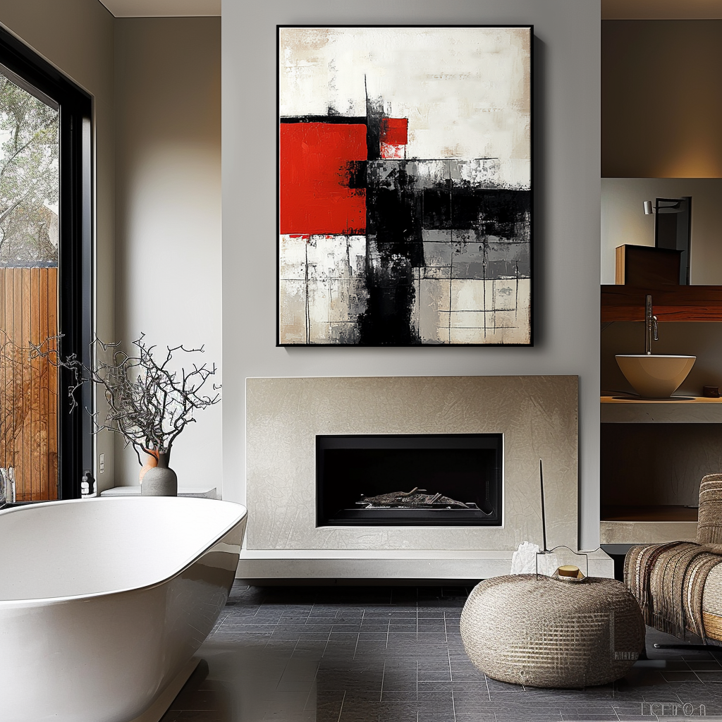 Abstract Geometric Art with Bold Red and Black Design