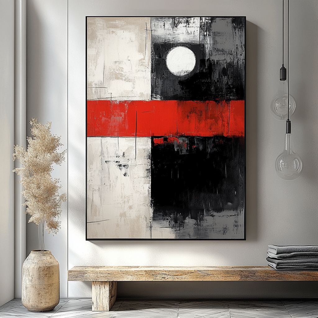 Bold Geometric Abstract Art – Red, Black, and White with Circle Design