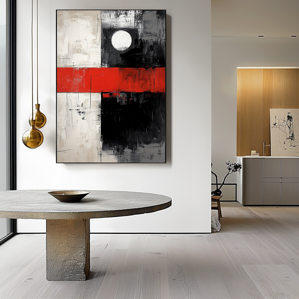 Bold Geometric Abstract Art – Red, Black, and White with Circle Design