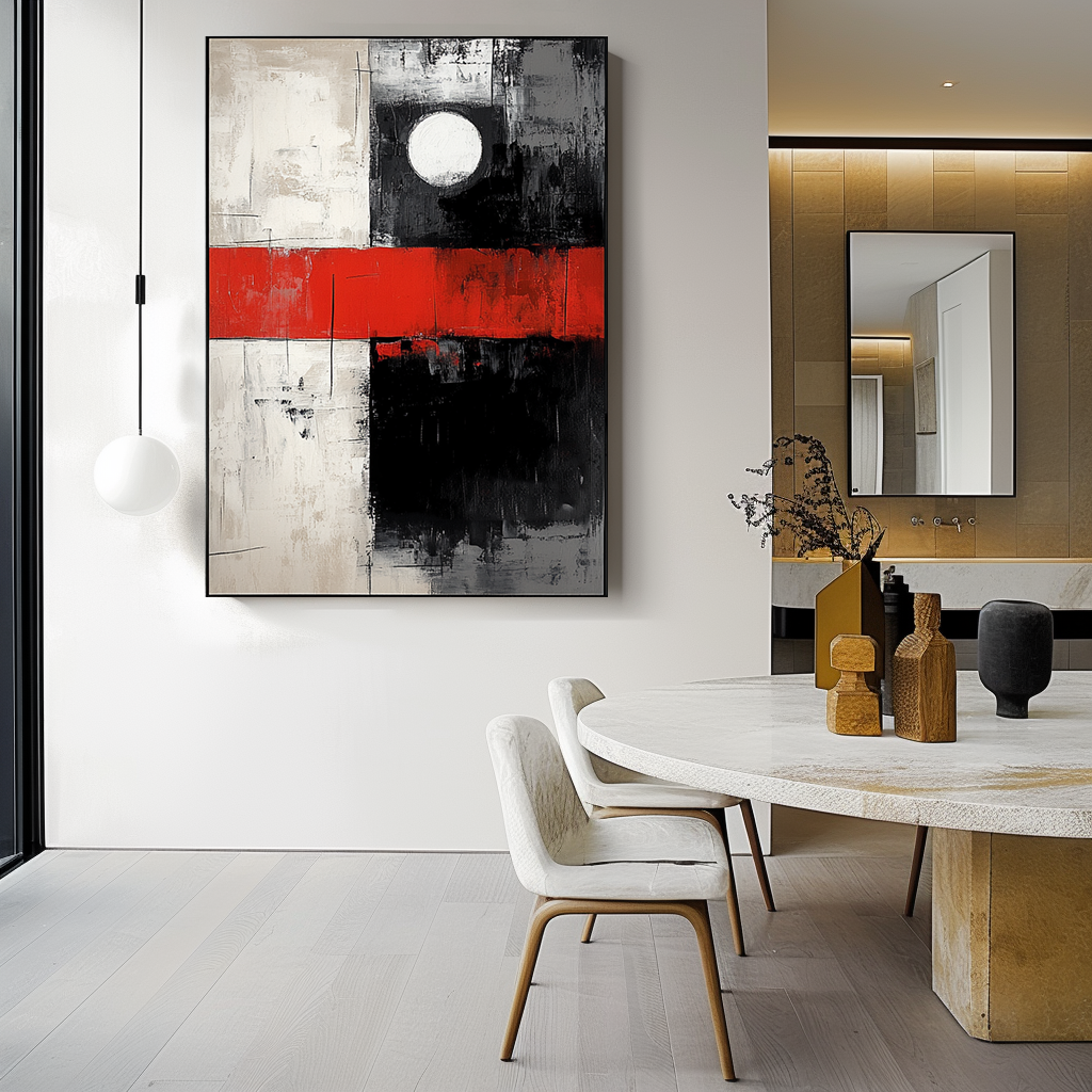 Bold Geometric Abstract Art – Red, Black, and White with Circle Design