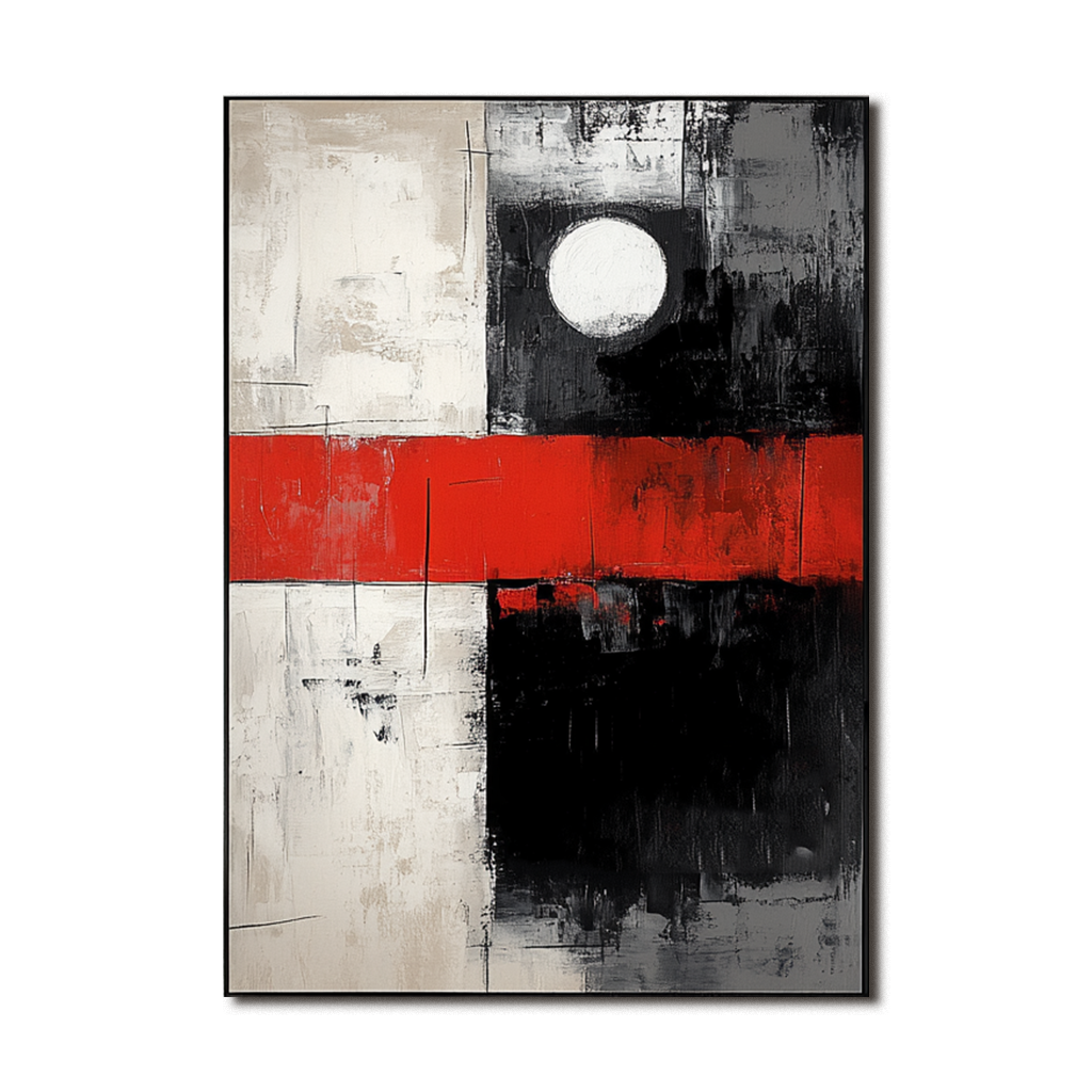 Bold Geometric Abstract Art – Red, Black, and White with Circle Design