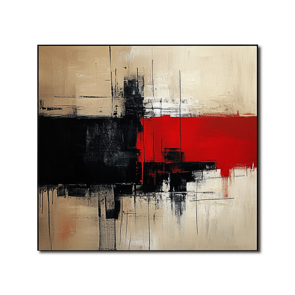 Abstract Black, Red, and Beige Art – Modern Geometric Painting