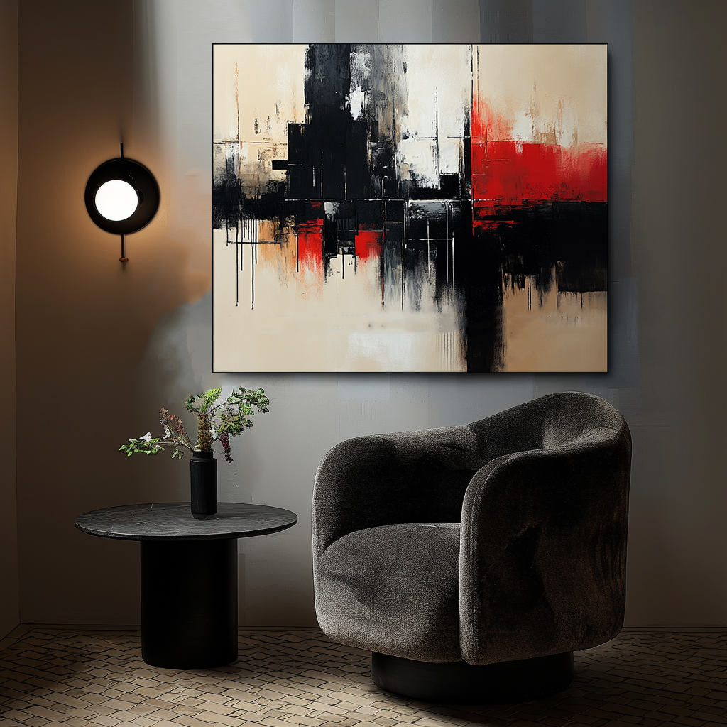 Bold Abstract Art – Red, Black, and Beige Geometric Painting