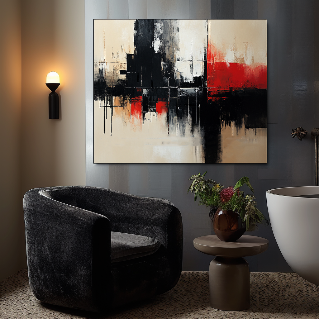 Bold Abstract Art – Red, Black, and Beige Geometric Painting