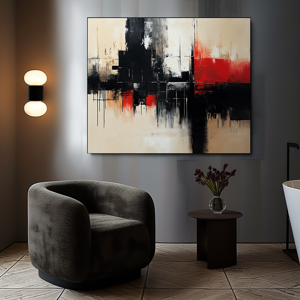 Bold Abstract Art – Red, Black, and Beige Geometric Painting