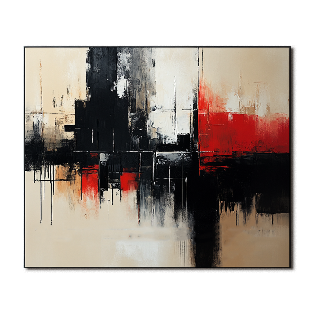 Bold Abstract Art – Red, Black, and Beige Geometric Painting