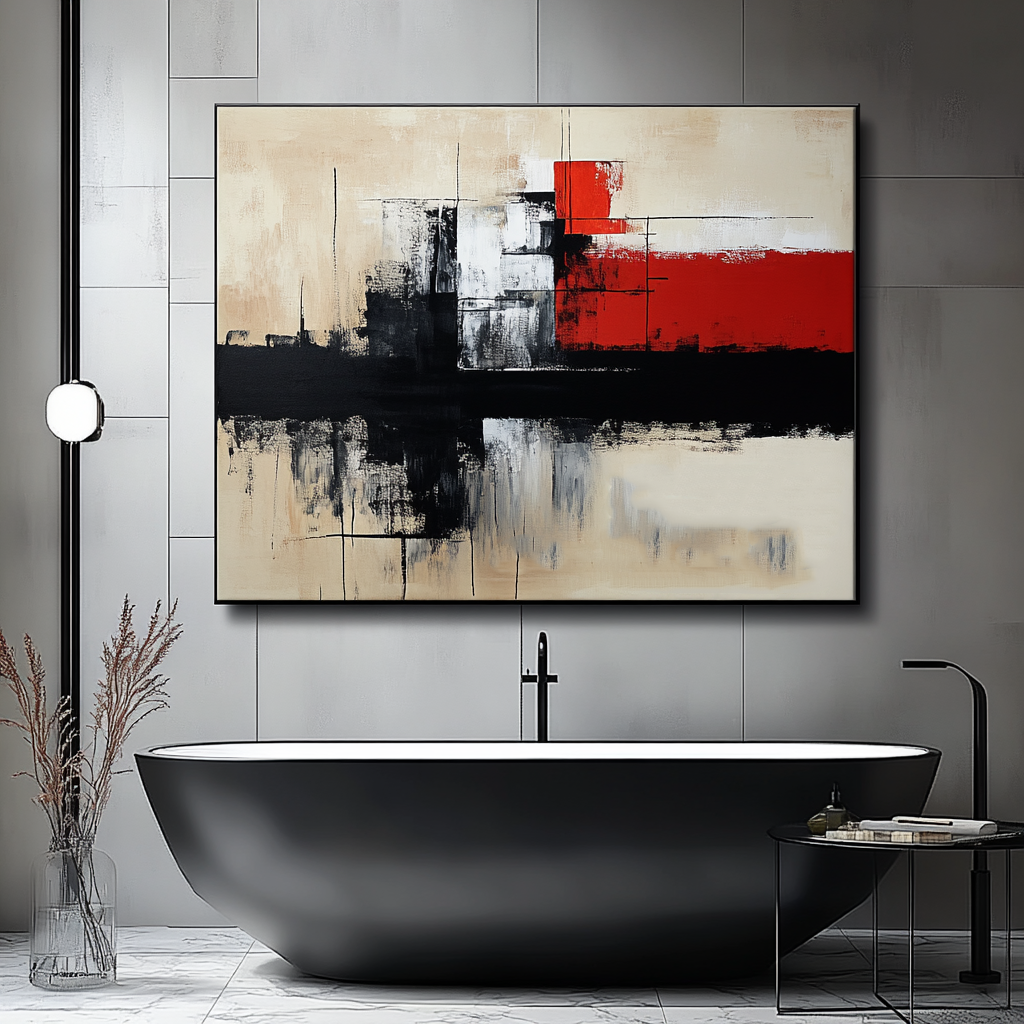 Modern abstract painting with red, black, and beige geometric shapes and bold brushstrokes.