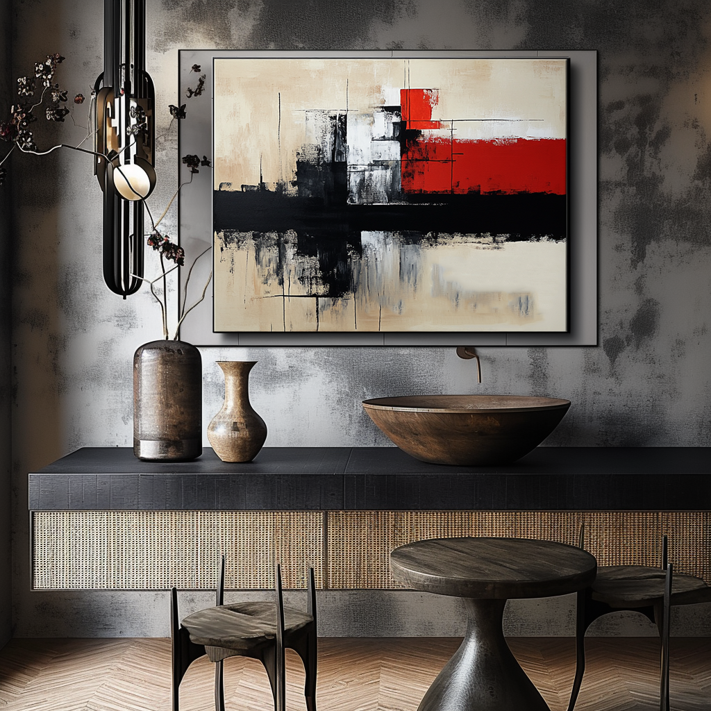Modern abstract painting with red, black, and beige geometric shapes and bold brushstrokes.
