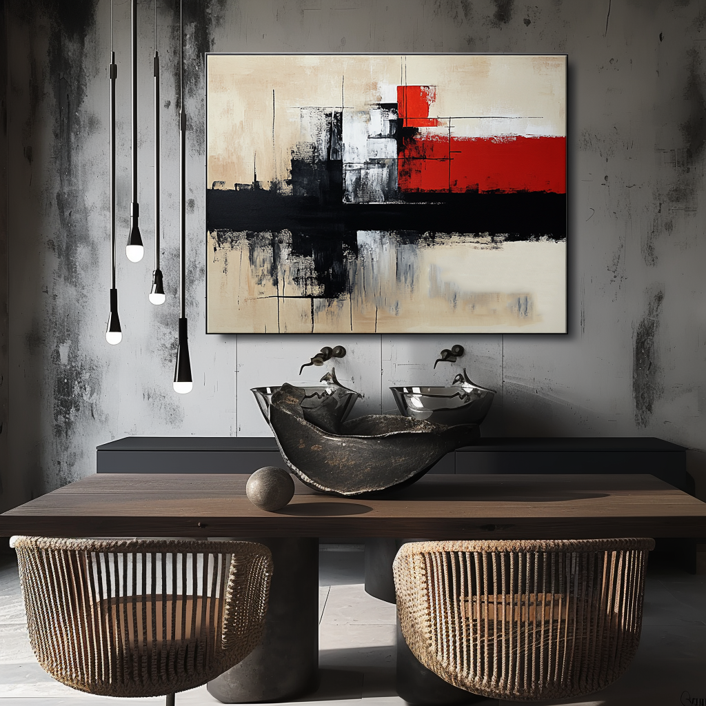 Modern abstract painting with red, black, and beige geometric shapes and bold brushstrokes.