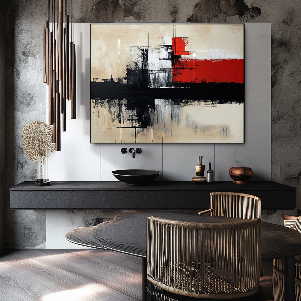 Modern abstract painting with red, black, and beige geometric shapes and bold brushstrokes.