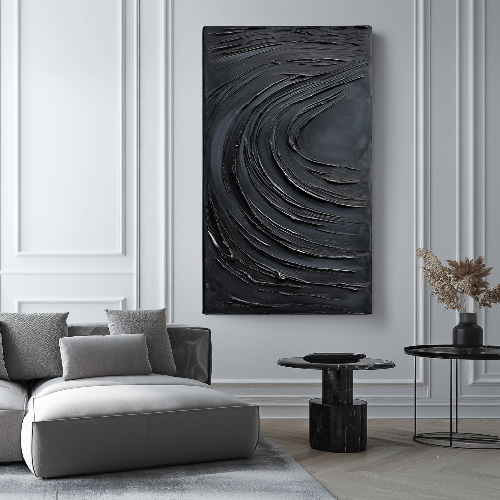 Abstract Black Wave - Textured Oil Painting