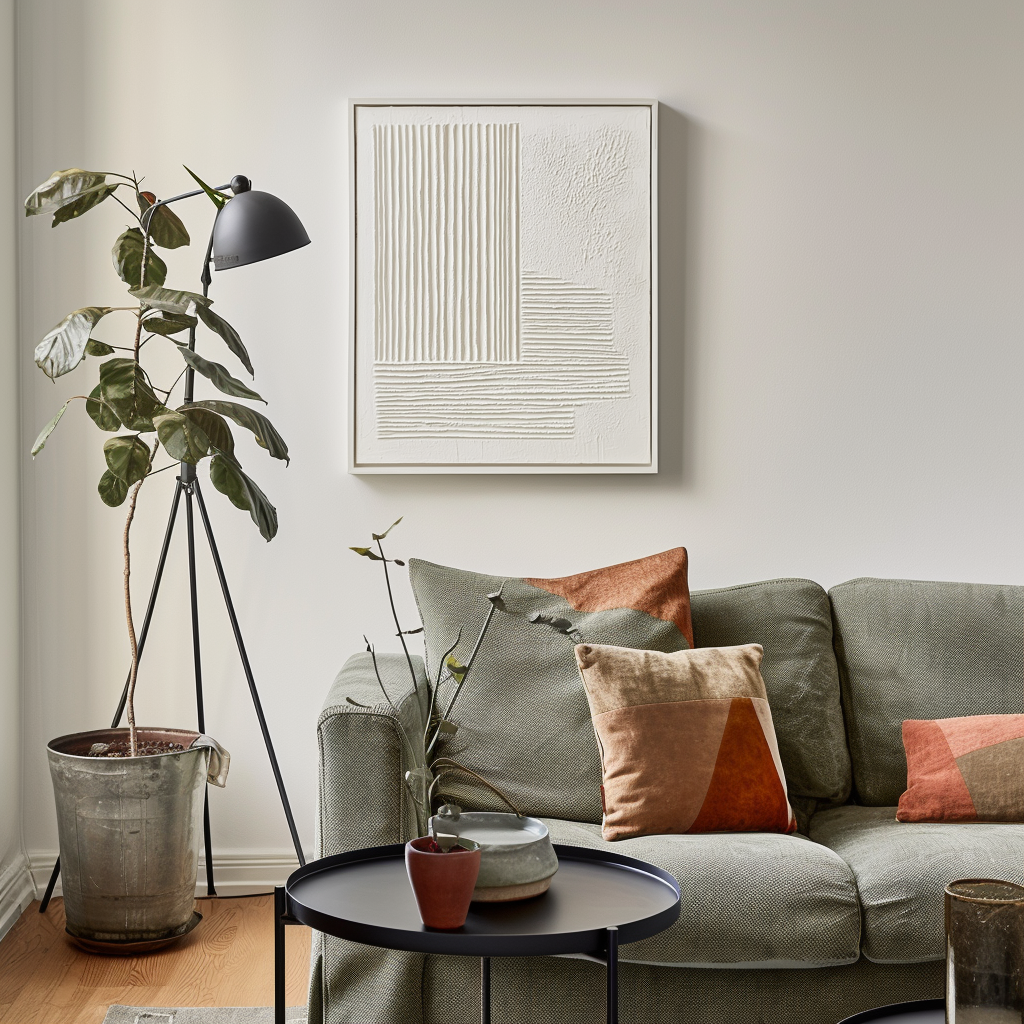 Minimalist white abstract textured art with raised relief stripes in vertical and horizontal patterns.