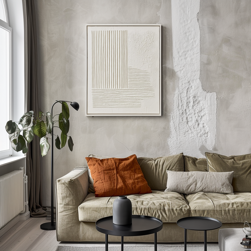 Minimalist white abstract textured art with raised relief stripes in vertical and horizontal patterns.