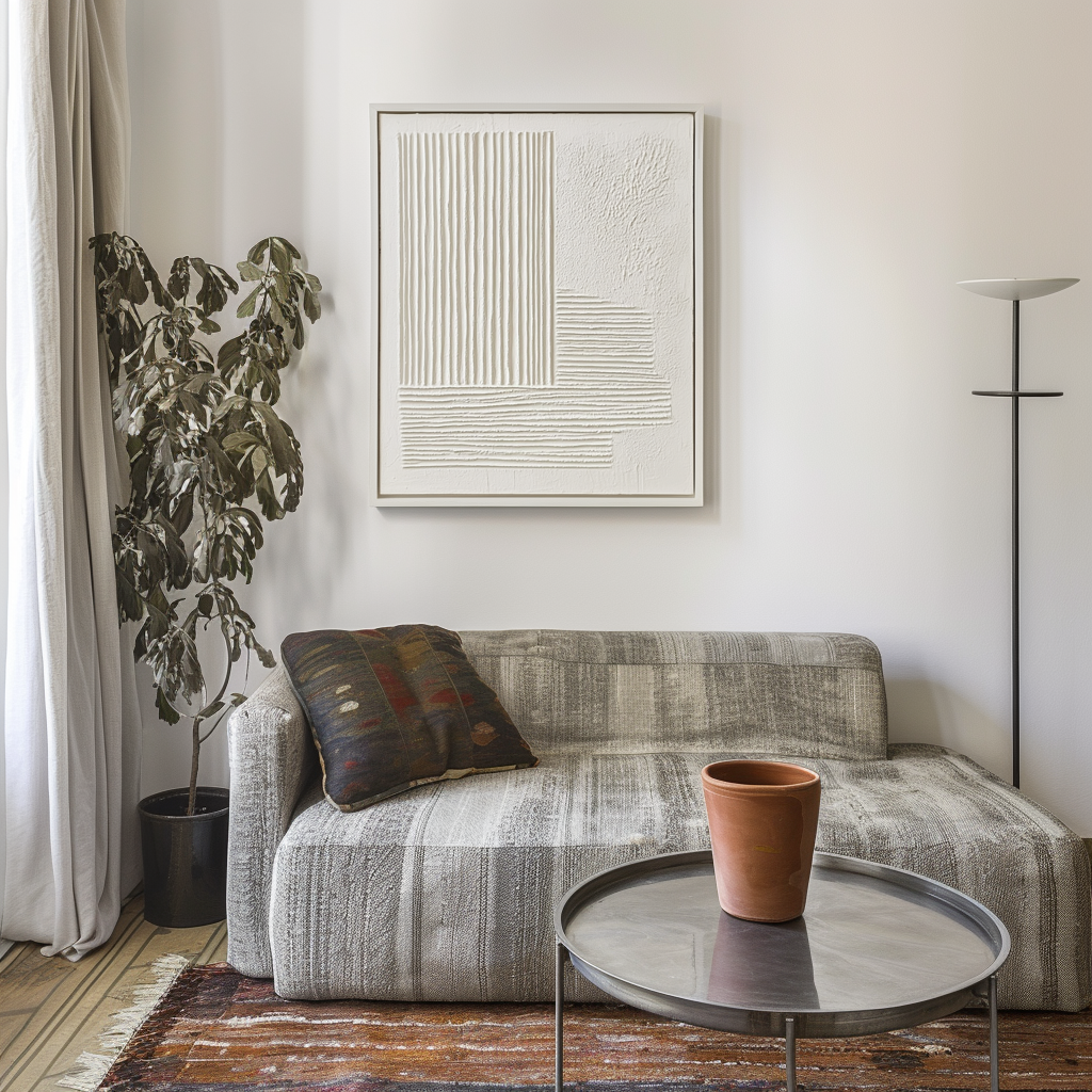 Minimalist white abstract textured art with raised relief stripes in vertical and horizontal patterns.