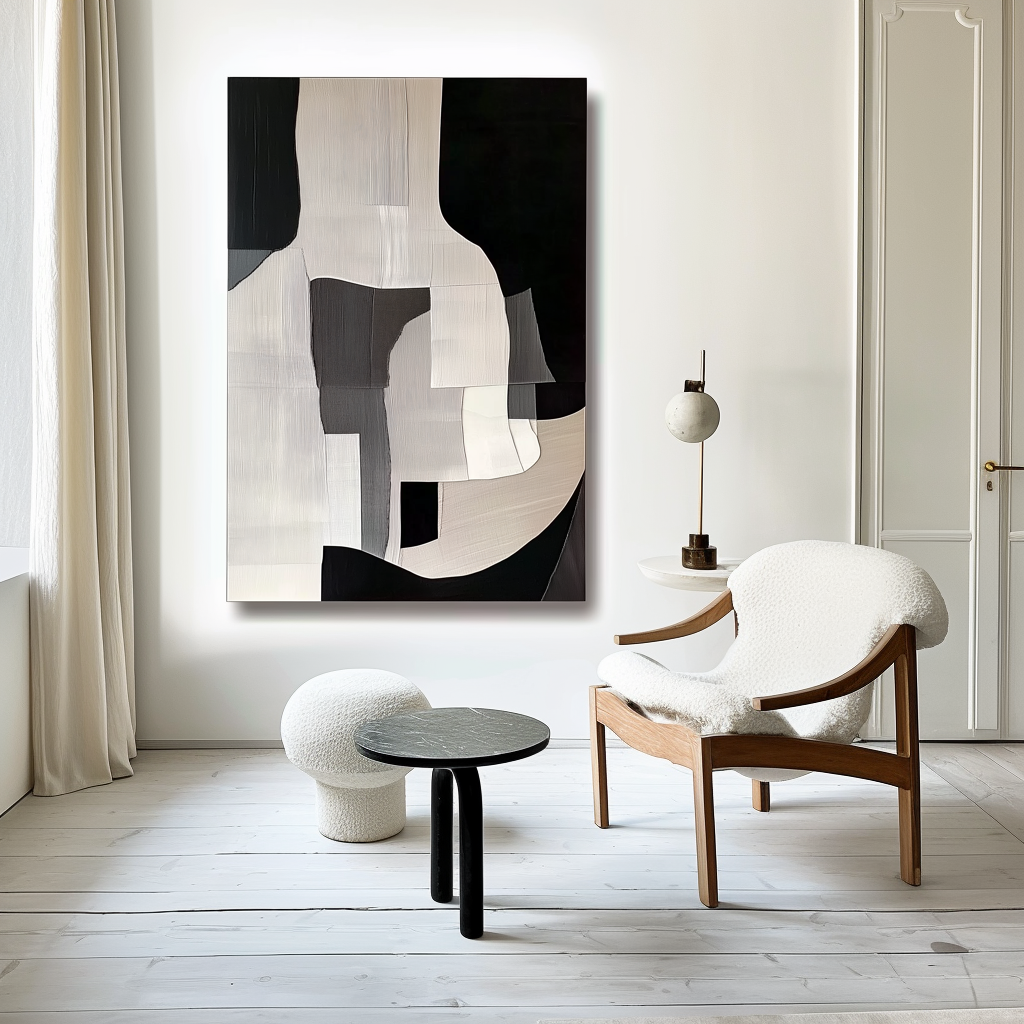 Abstract geometric painting with black, white, and gray blocks and textures.