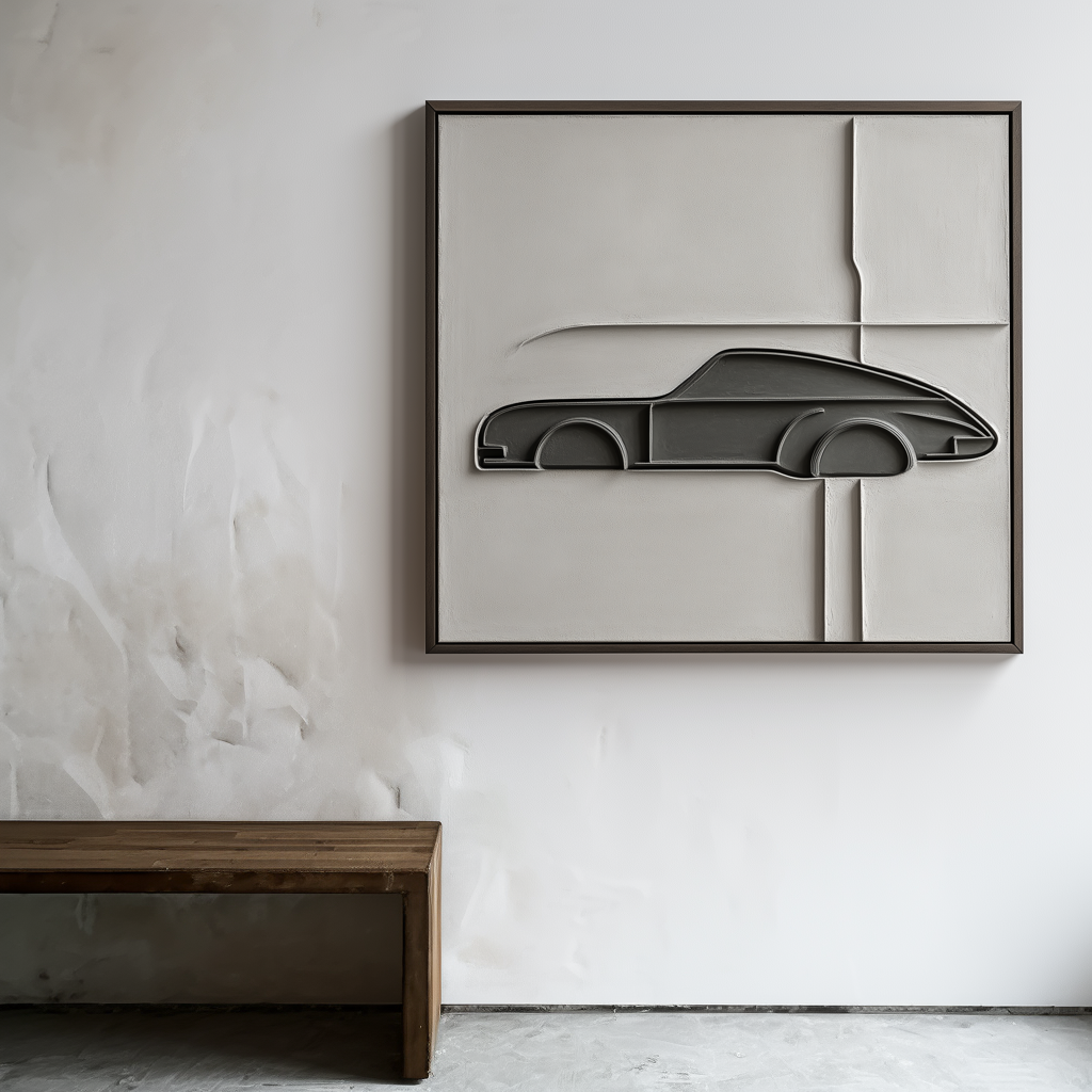 Abstract textured oil painting of a car design with minimalist lines and geometric shapes in gray and beige