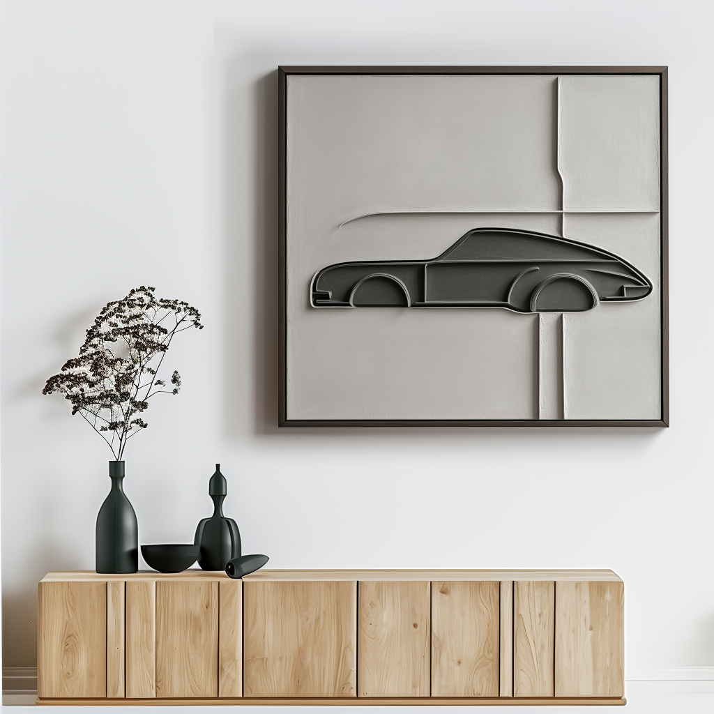 Abstract textured oil painting of a car design with minimalist lines and geometric shapes in gray and beige