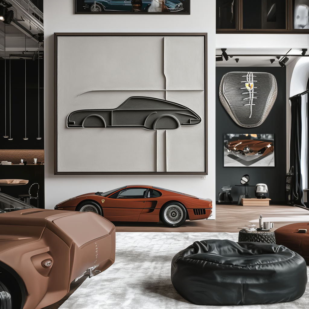 Abstract textured oil painting of a car design with minimalist lines and geometric shapes in gray and beige