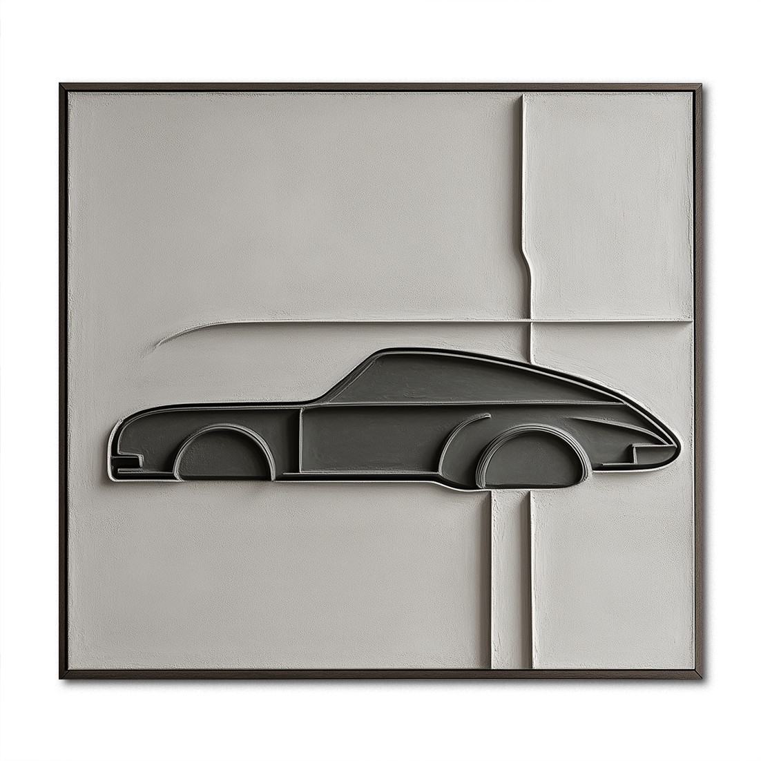 Abstract textured oil painting of a car design with minimalist lines and geometric shapes in gray and beige