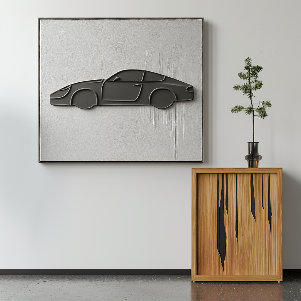 Minimalist 3D wall art featuring a raised car silhouette on white textured canvas