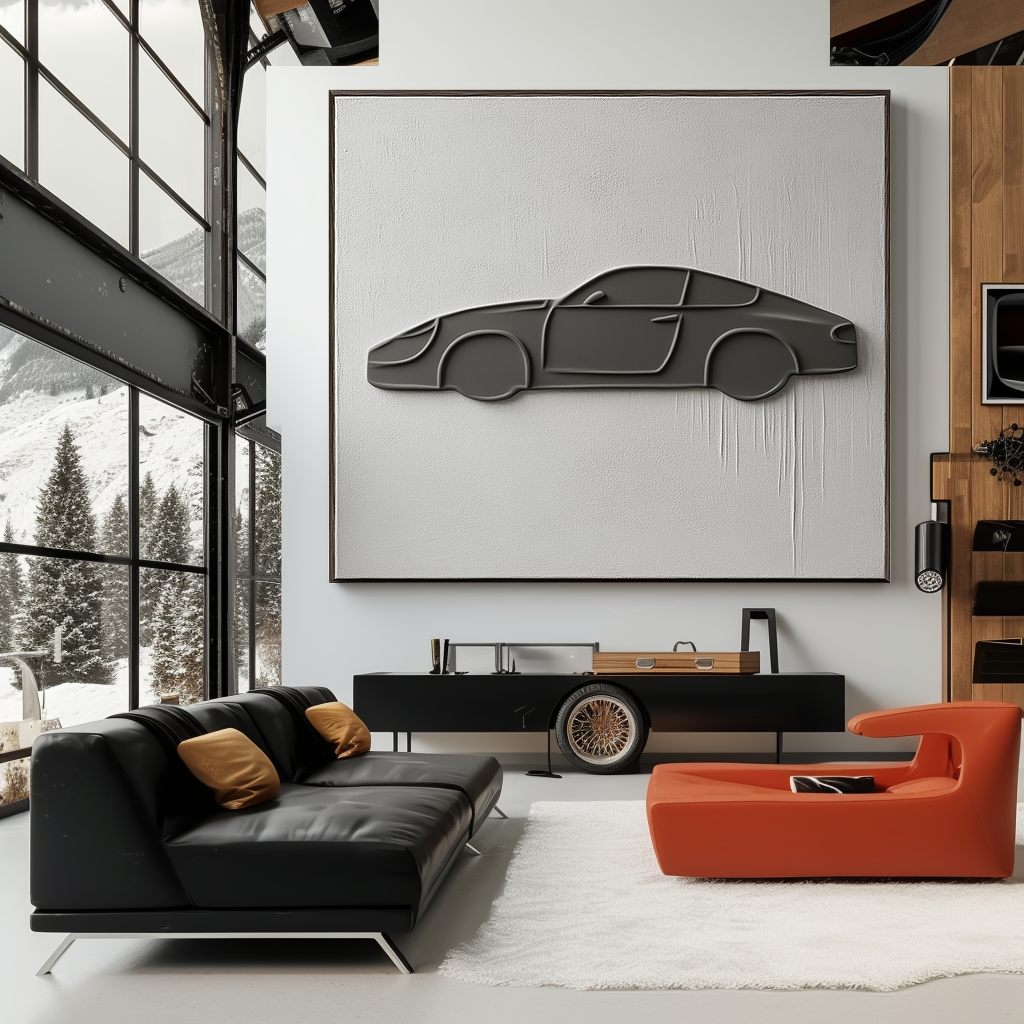 Minimalist 3D wall art featuring a raised car silhouette on white textured canvas