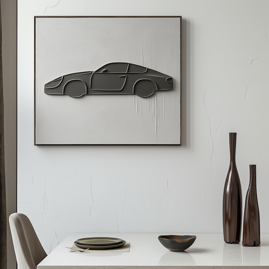Minimalist 3D wall art featuring a raised car silhouette on white textured canvas