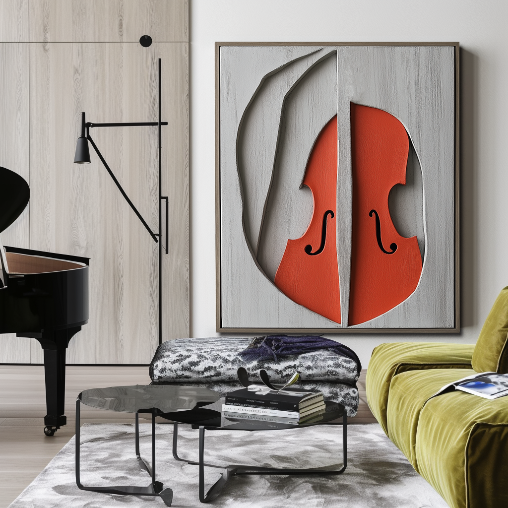 Abstract Violin Art – Textured 3D Relief Design in Red and Gray