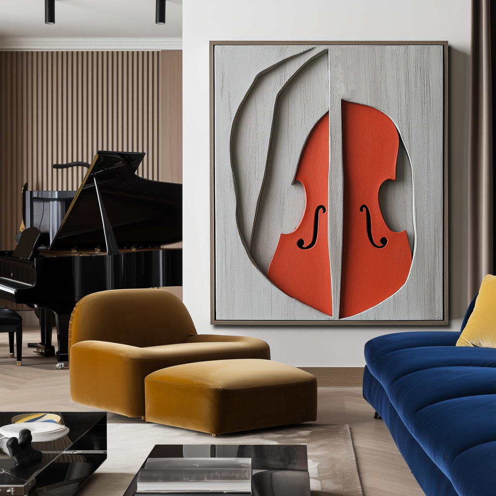 Abstract Violin Art – Textured 3D Relief Design in Red and Gray