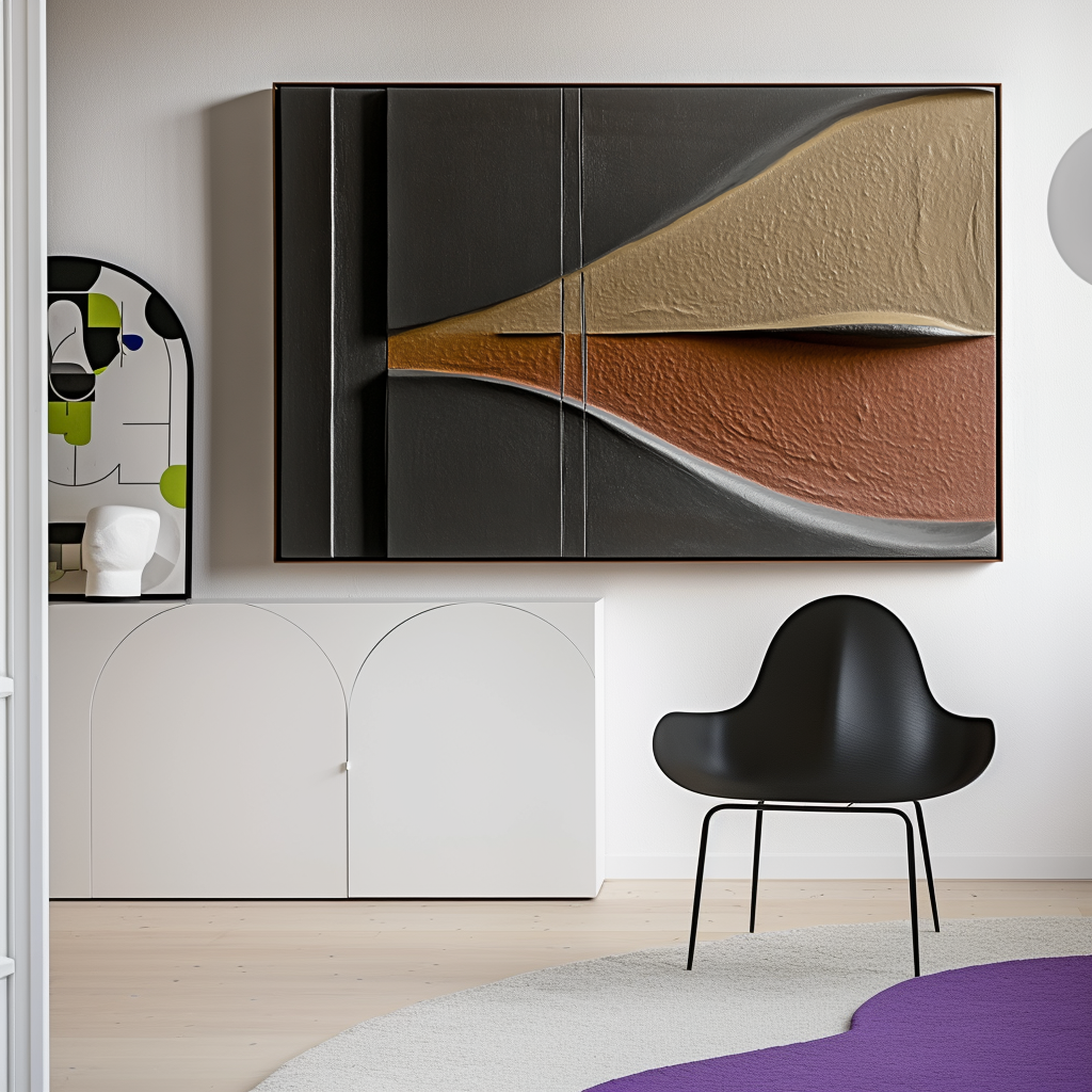 Abstract geometric art with textured 3D design in earthy brown, tan, and gray tones.