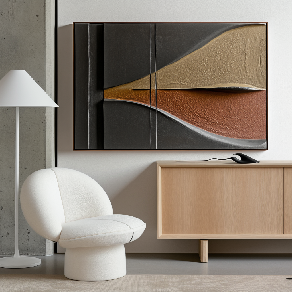 Abstract geometric art with textured 3D design in earthy brown, tan, and gray tones.
