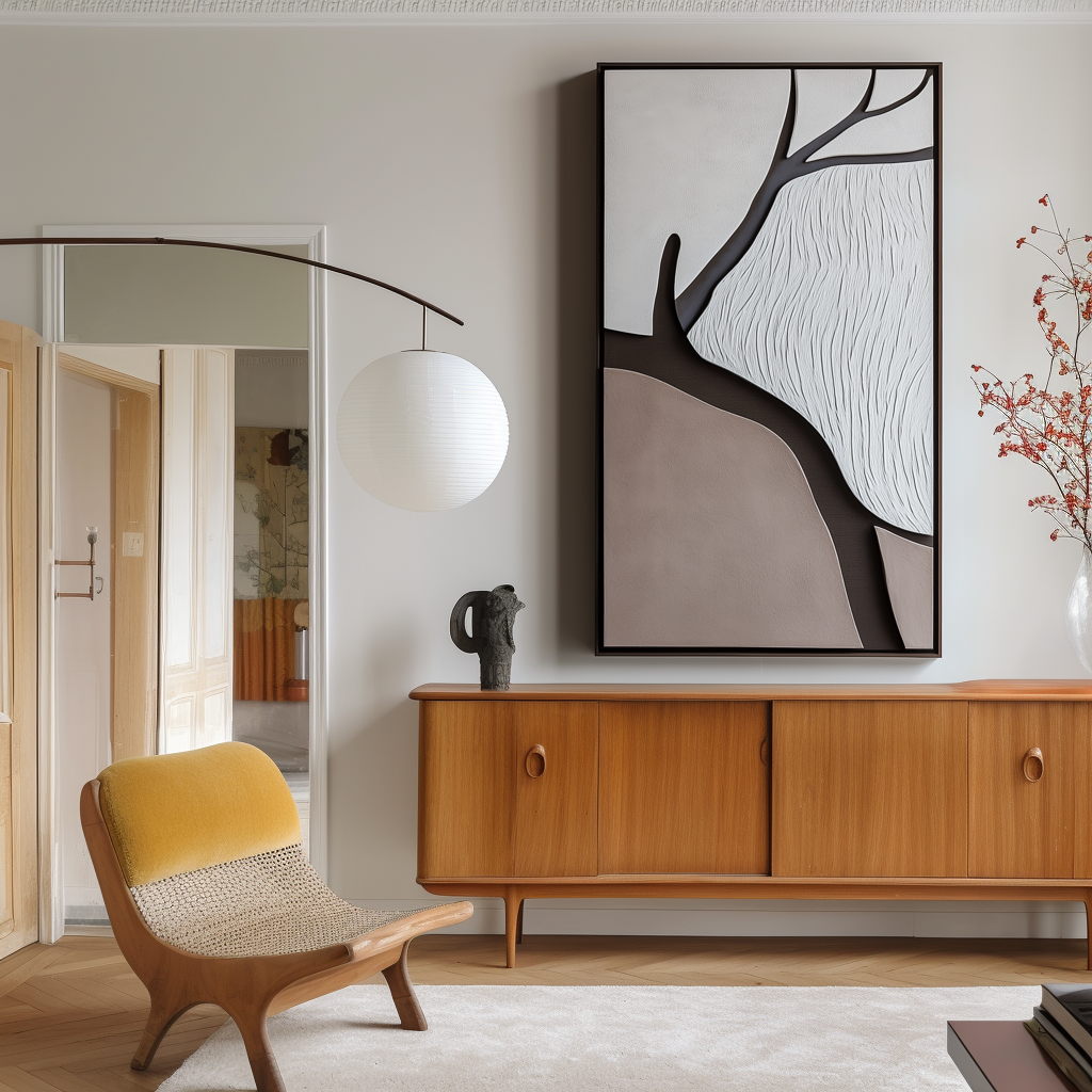 Minimalist abstract tree art with textured landscape in neutral beige, gray, and white tones.