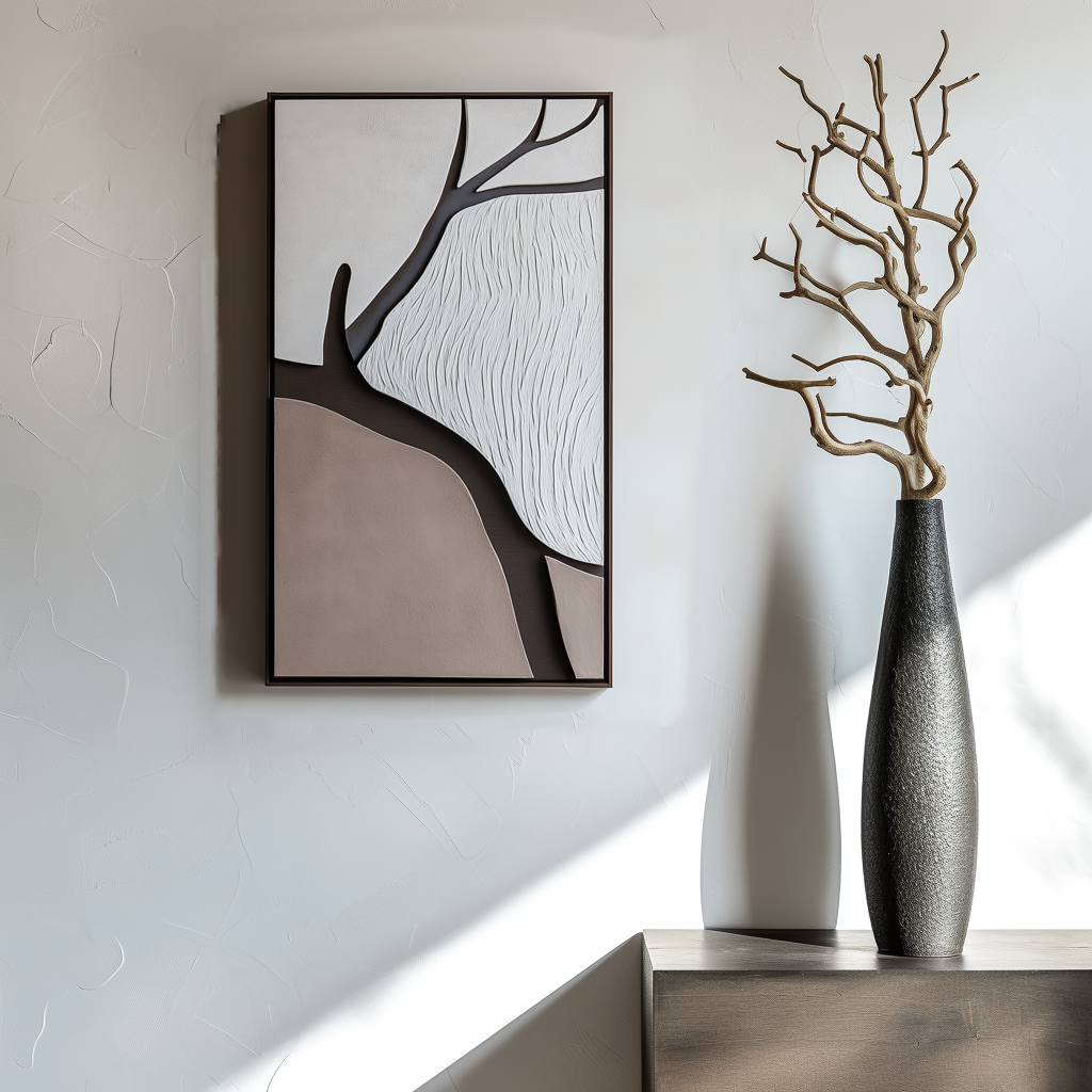 Minimalist abstract tree art with textured landscape in neutral beige, gray, and white tones.