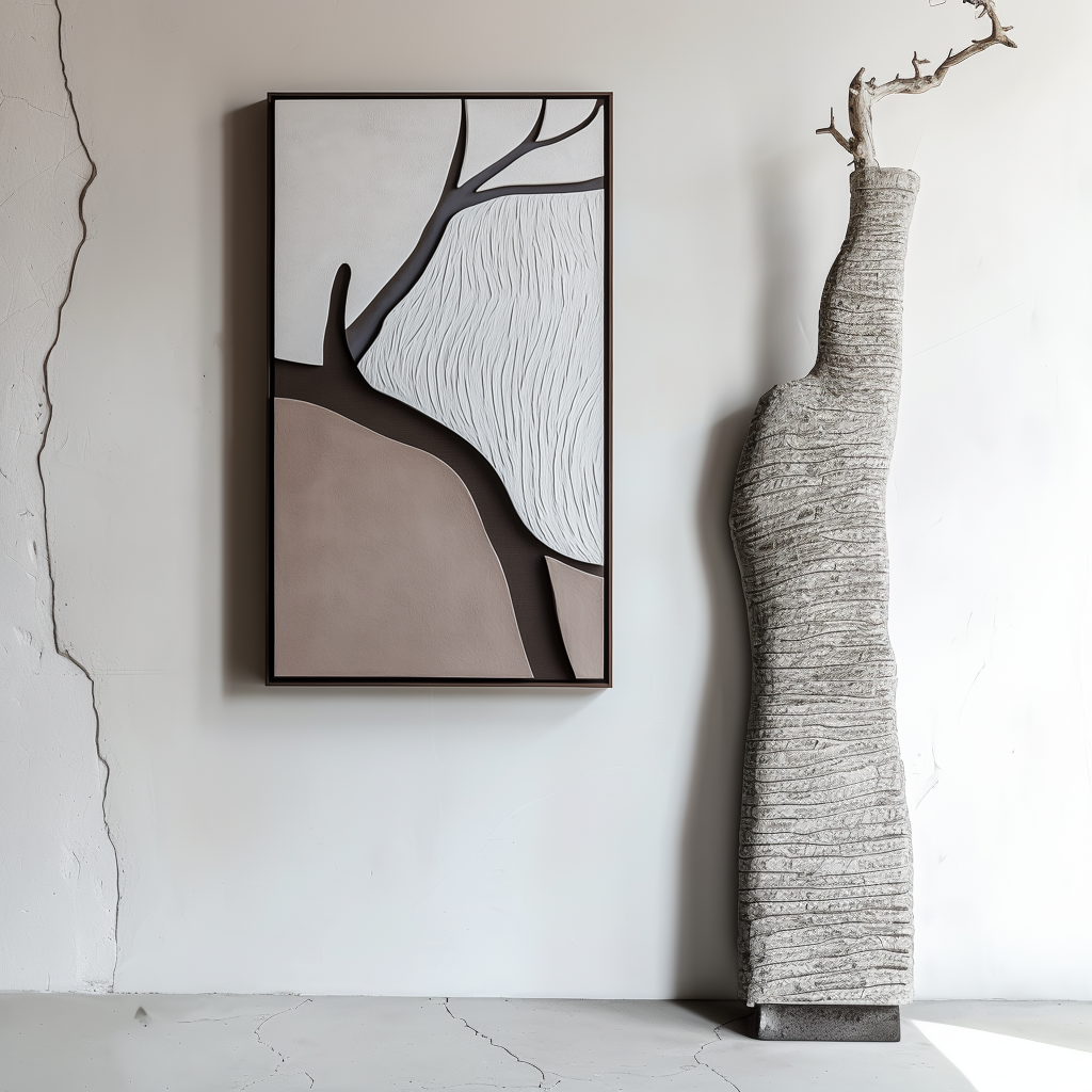 Minimalist abstract tree art with textured landscape in neutral beige, gray, and white tones.