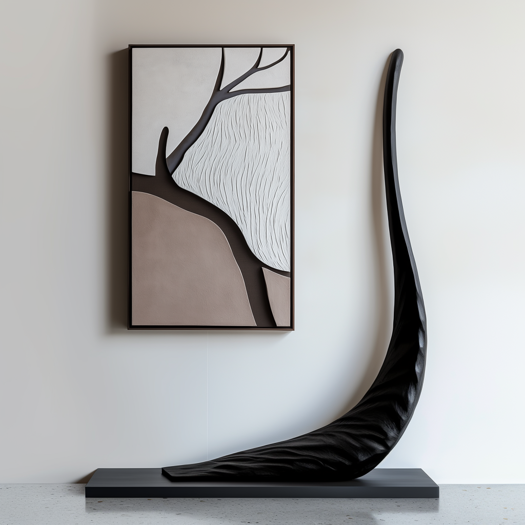 Minimalist abstract tree art with textured landscape in neutral beige, gray, and white tones.