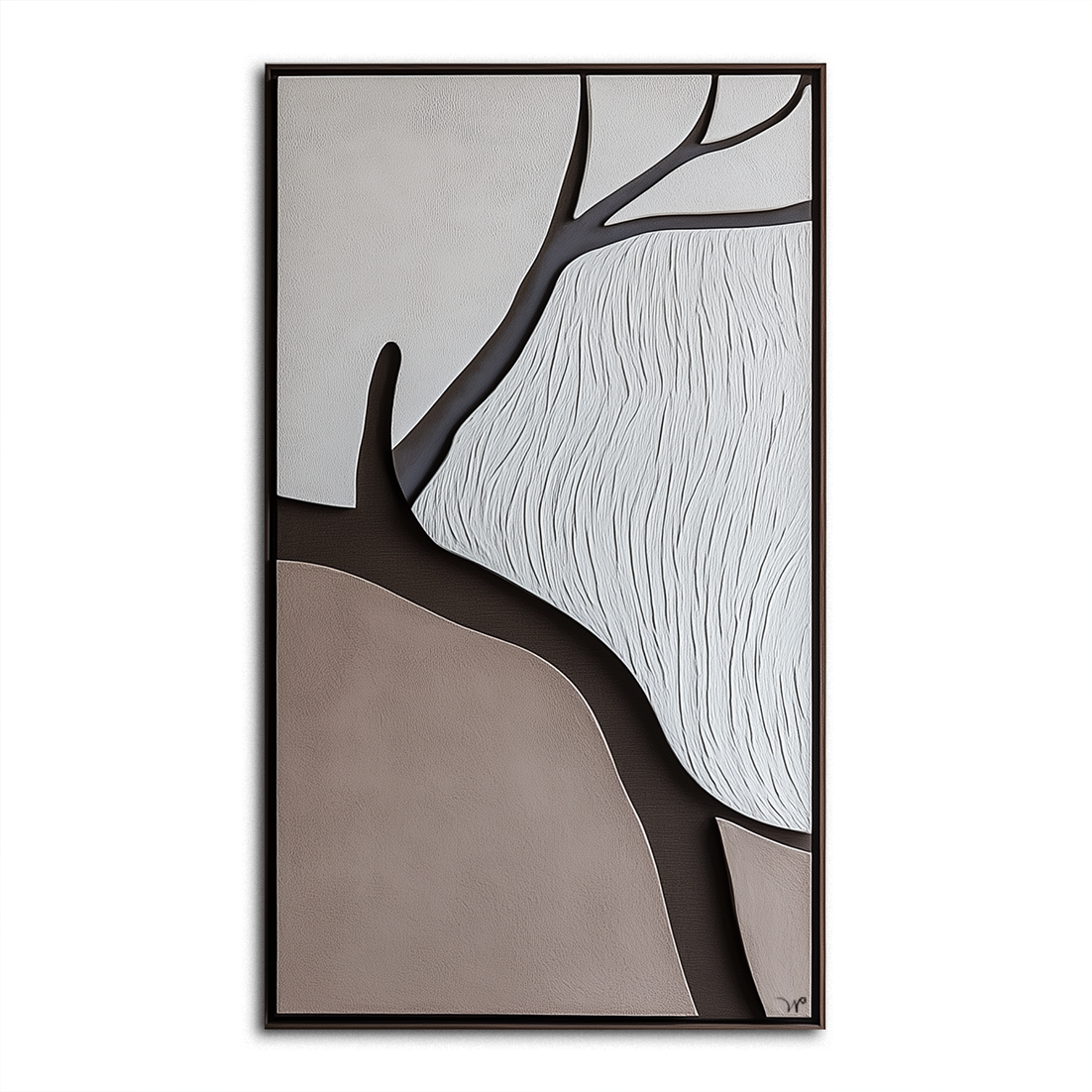 Minimalist abstract tree art with textured landscape in neutral beige, gray, and white tones.